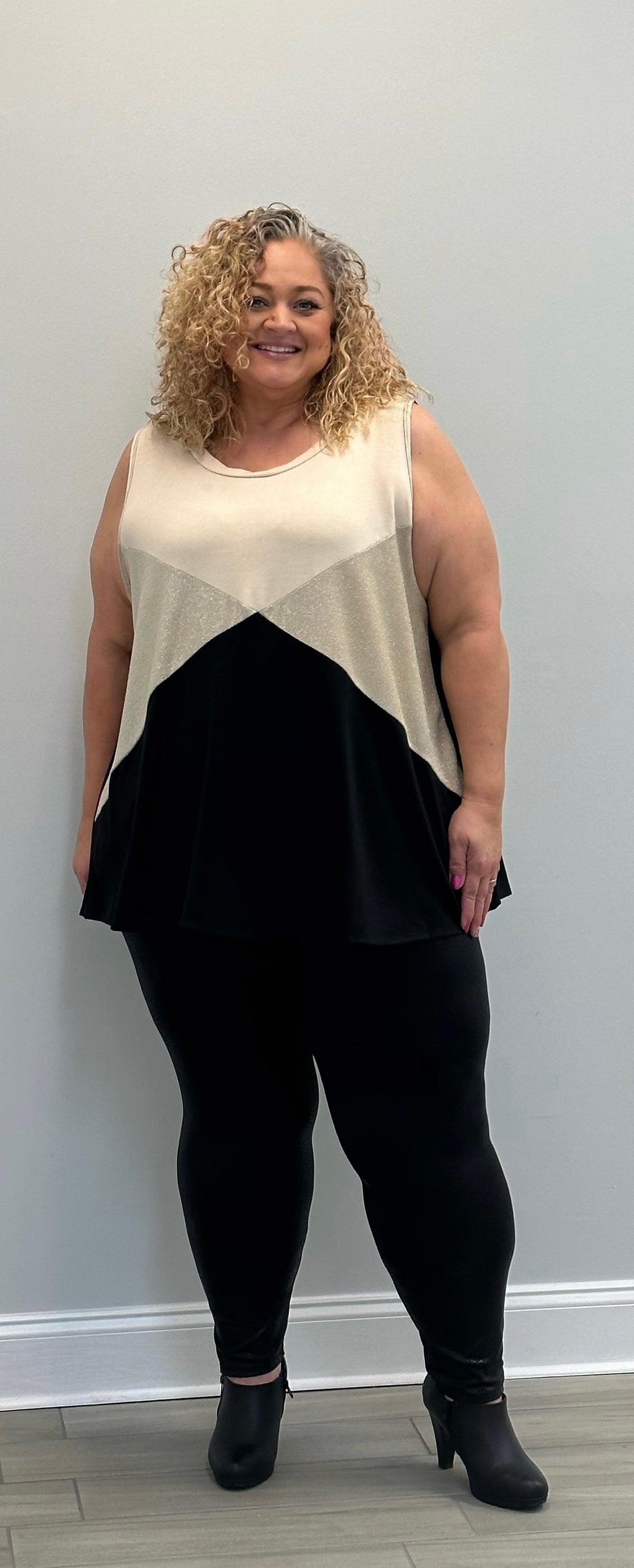 Extended Plus Black Tank Top with Metallic Contrast