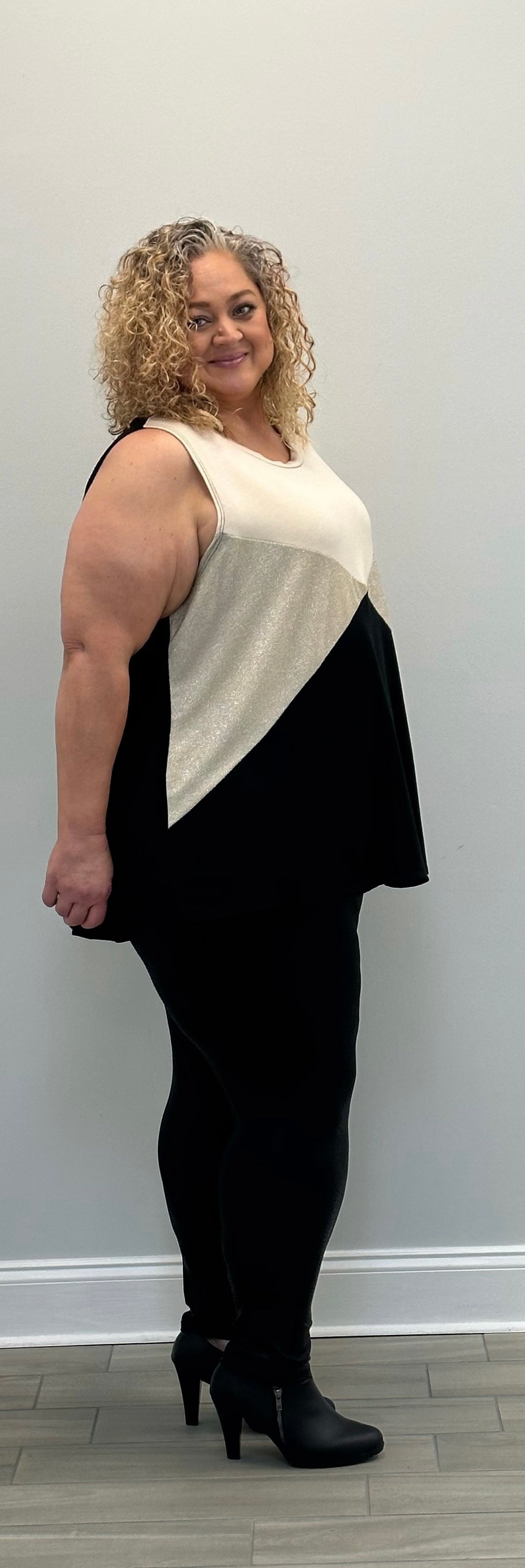 Extended Plus Black Tank Top with Metallic Contrast